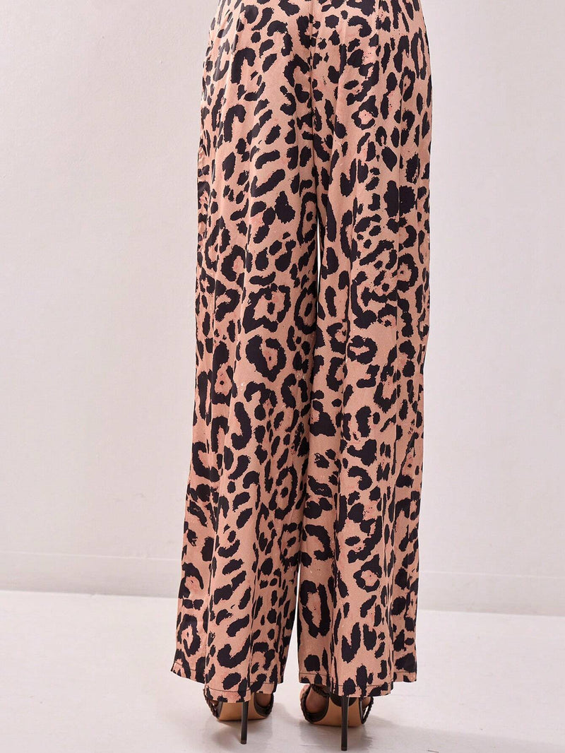 MUSERA Pantalones de pierna ancha con estampado de leopardo de seda