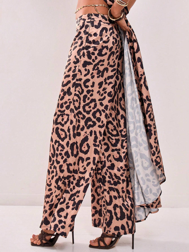 MUSERA Pantalones de pierna ancha con estampado de leopardo de seda