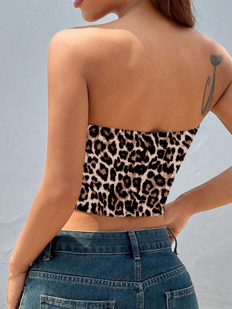 EZwear Top corto de leopardo para mujer con tirantes spaghetti