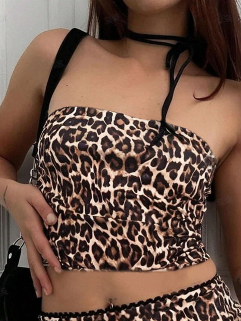 EZwear Top corto de leopardo para mujer con tirantes spaghetti