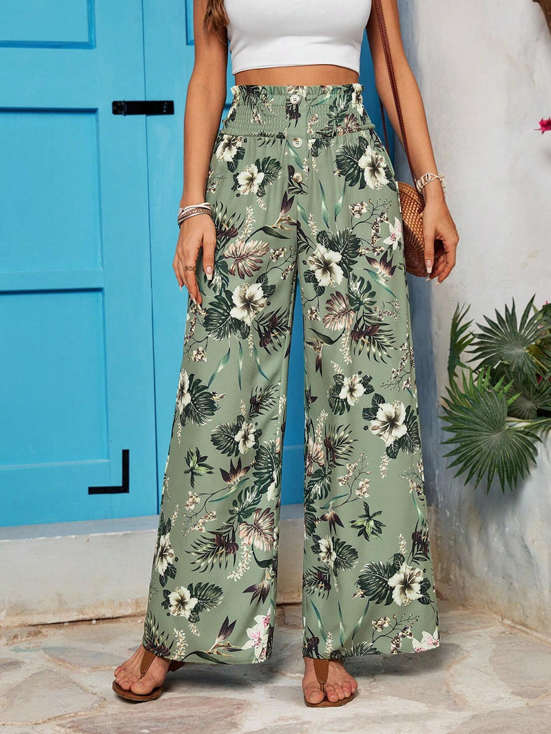 VCAY Pantalones largos anchos y sueltos de cintura alta con cordon de impresion de plantas tropicales para mujer, ideales para vacaciones