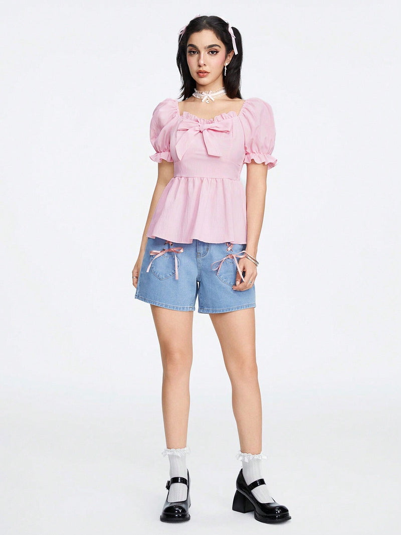 ROMWE Kawaii Camisa de cuello de muneca dulce y encantadora para mujer con decoracion de lazo y mangas abullonadas, para verano