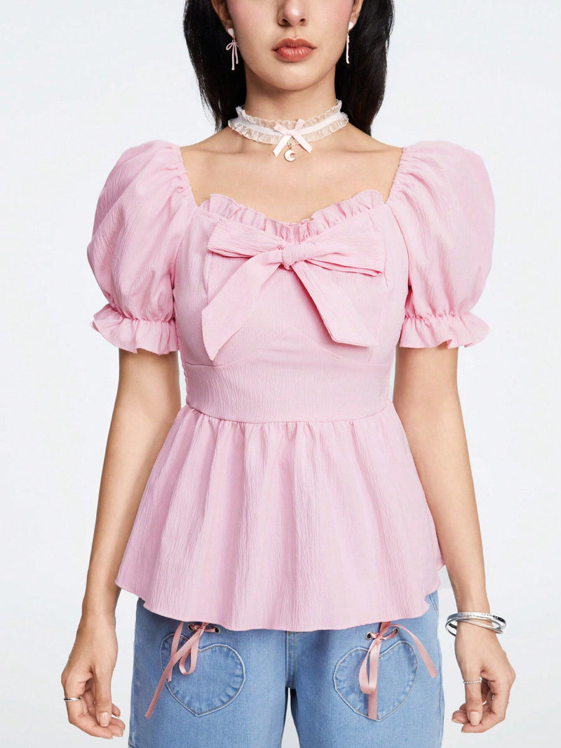 ROMWE Kawaii Camisa de cuello de muneca dulce y encantadora para mujer con decoracion de lazo y mangas abullonadas, para verano