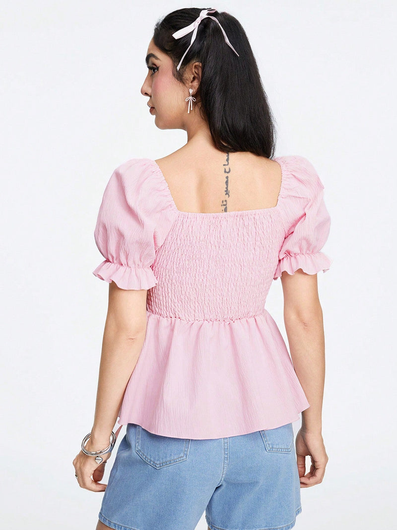 ROMWE Kawaii Camisa de cuello de muneca dulce y encantadora para mujer con decoracion de lazo y mangas abullonadas, para verano