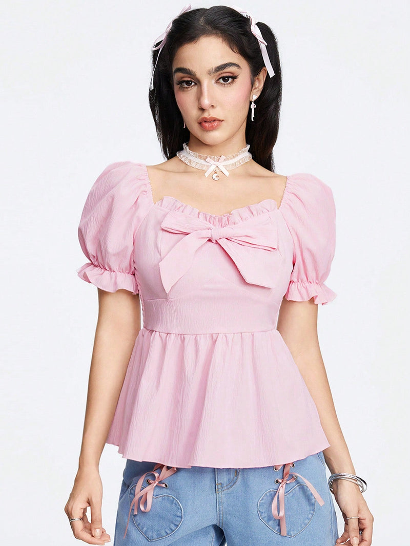 ROMWE Kawaii Camisa de cuello de muneca dulce y encantadora para mujer con decoracion de lazo y mangas abullonadas, para verano