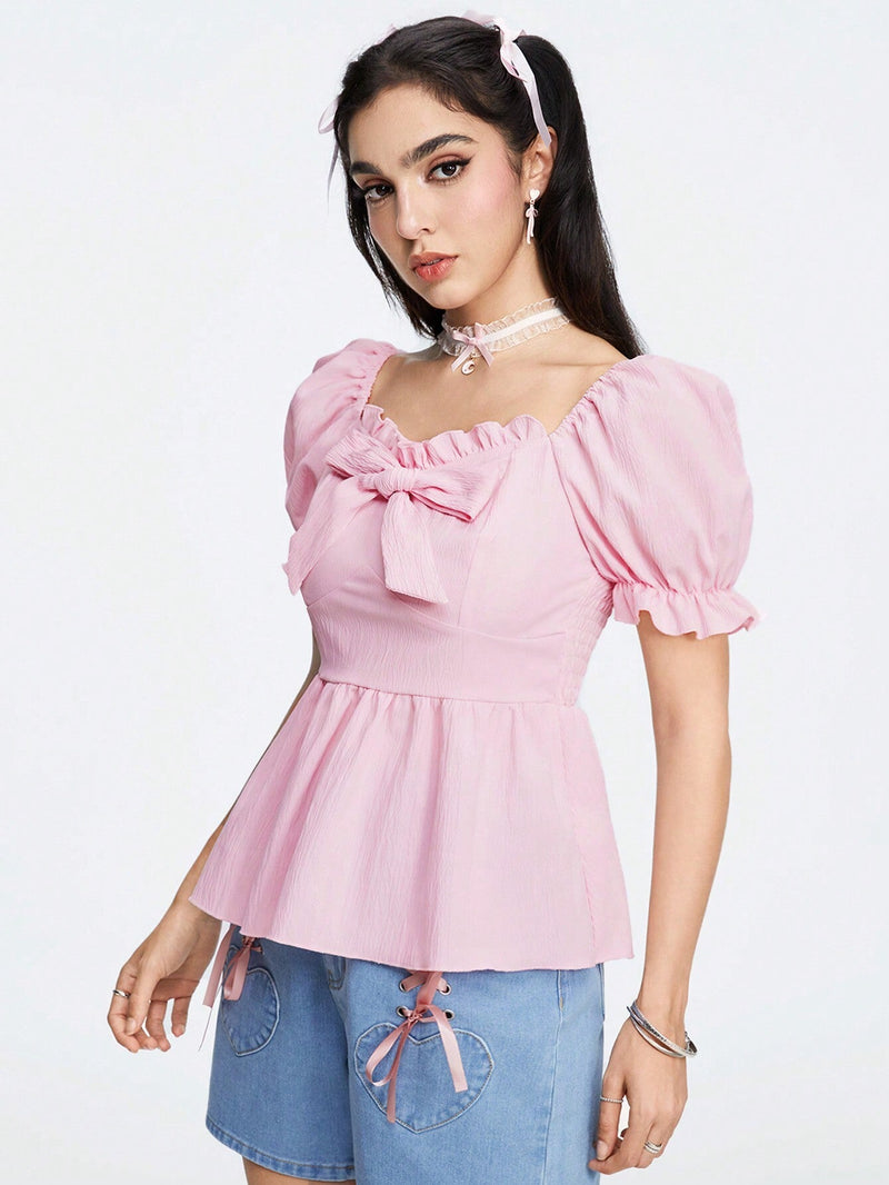 ROMWE Kawaii Camisa de cuello de muneca dulce y encantadora para mujer con decoracion de lazo y mangas abullonadas, para verano