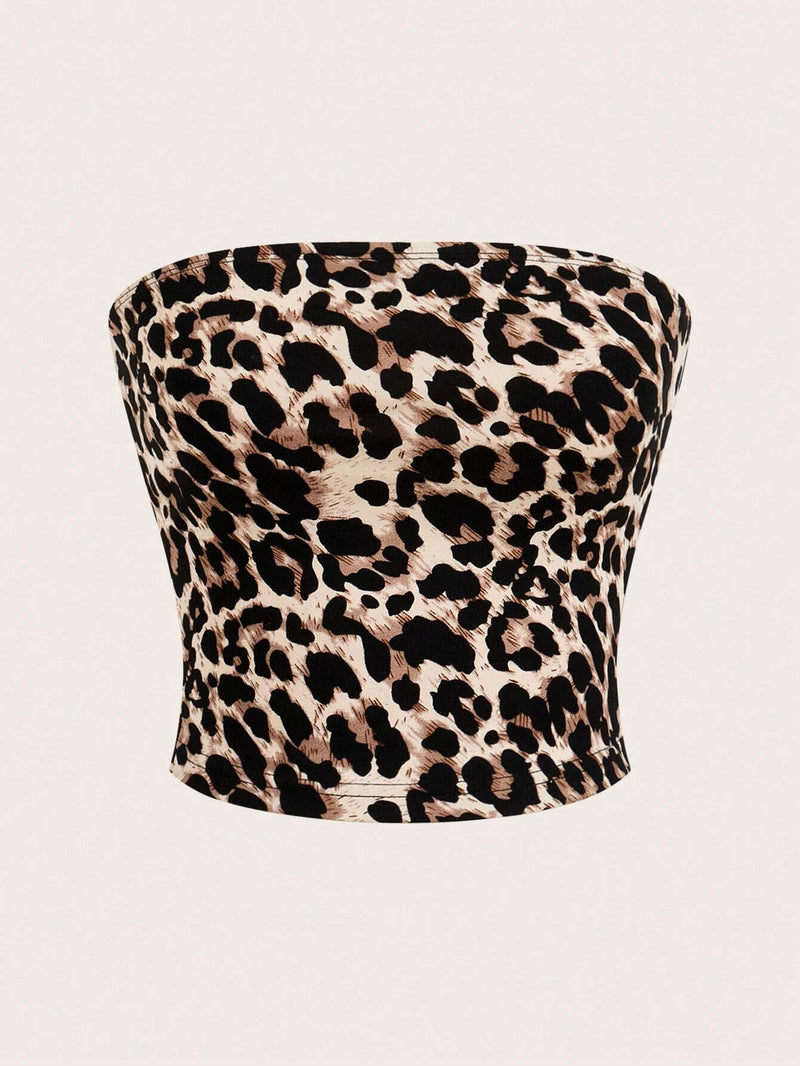 EZwear Top sin tirantes con estampado de leopardo multicolor para mujeres