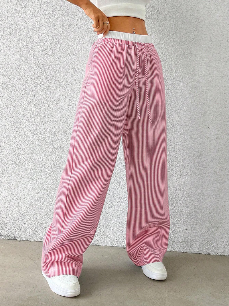 EZwear Pantalones largos tejidos de mujer con rayas rojas y blancas