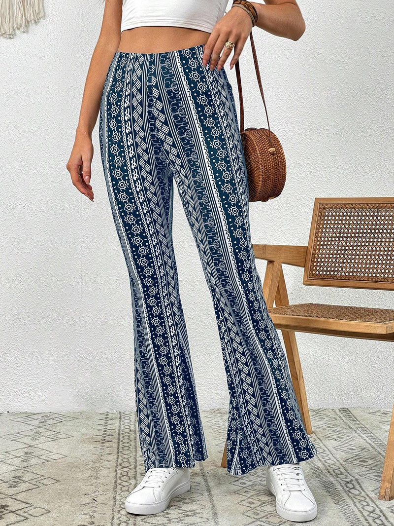 VCAY Pantalones hippie de verano con ajuste cenido, tejido de punto acampanados de mujer con estampado completo para la playa