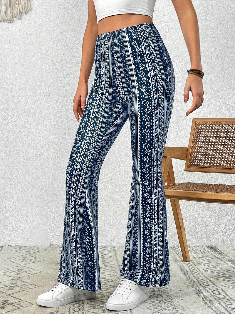 VCAY Pantalones hippie de verano con ajuste cenido, tejido de punto acampanados de mujer con estampado completo para la playa