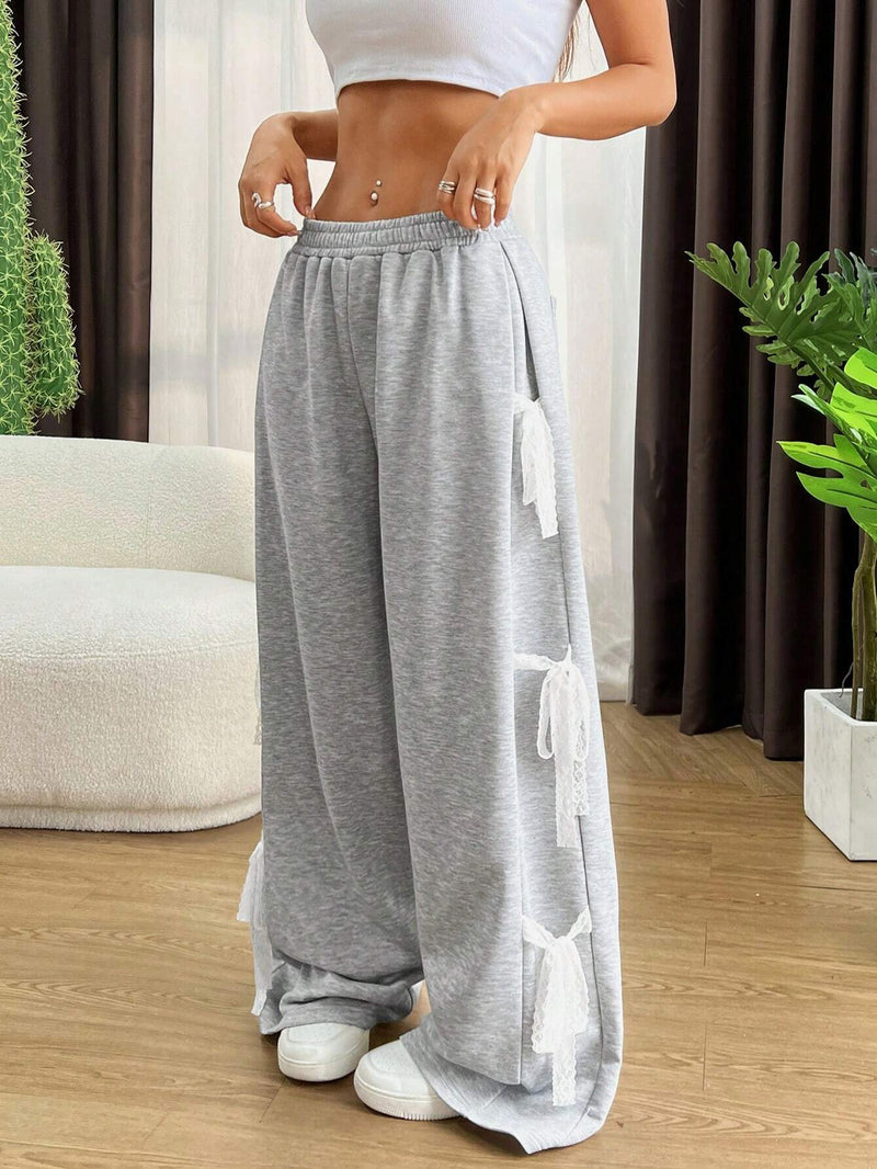 EZwear Pantalones anchos y sueltos de cintura elastica para mujer con cinturon de lazo