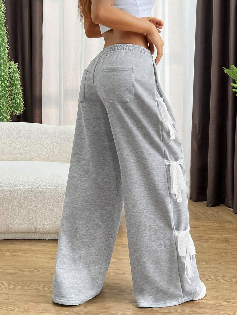 EZwear Pantalones anchos y sueltos de cintura elastica para mujer con cinturon de lazo