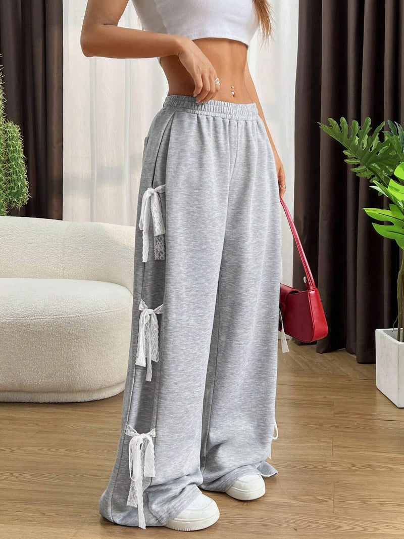 EZwear Pantalones anchos y sueltos de cintura elastica para mujer con cinturon de lazo