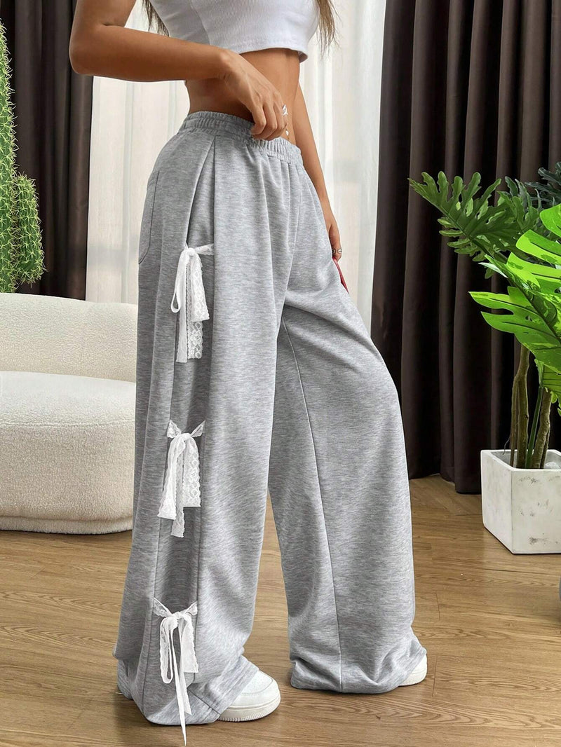 EZwear Pantalones anchos y sueltos de cintura elastica para mujer con cinturon de lazo