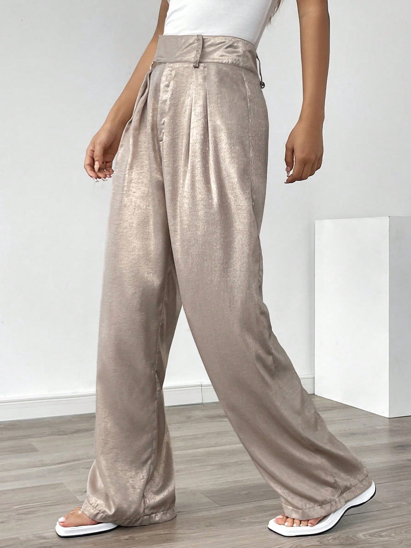 Prive Pantalones largos de moda para mujer, sueltos, rectos y de tamano grande, plegados y con unicolor metalico