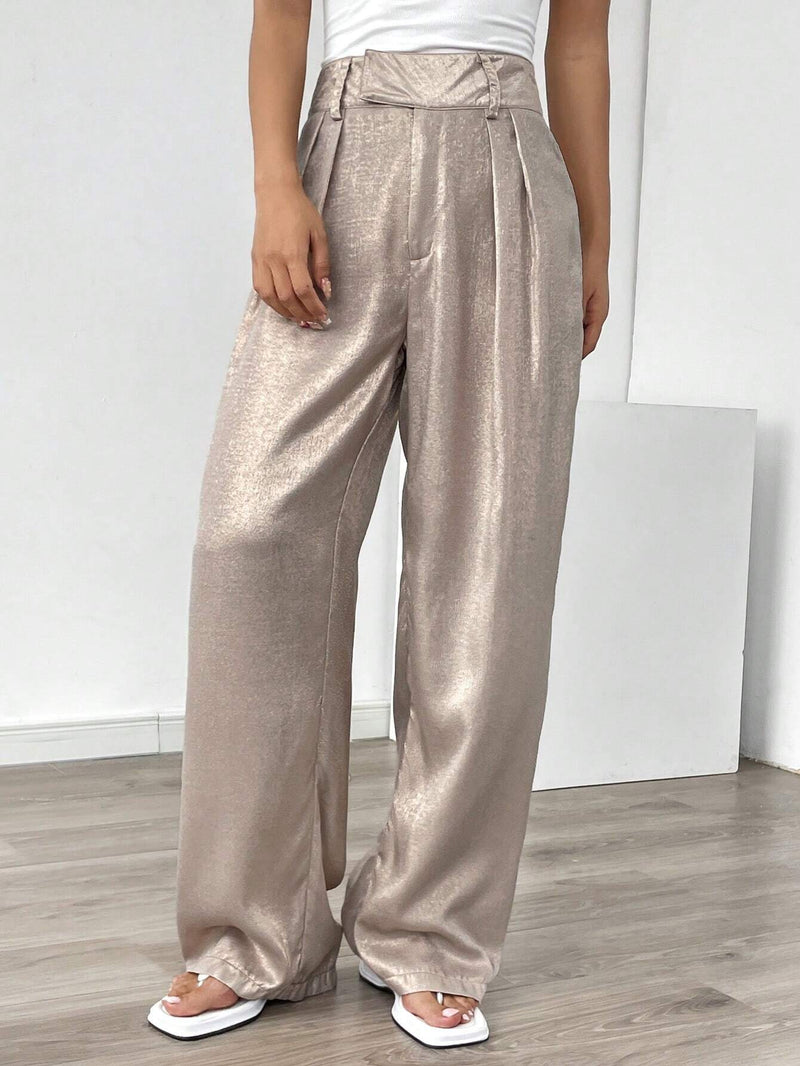 Prive Pantalones largos de moda para mujer, sueltos, rectos y de tamano grande, plegados y con unicolor metalico