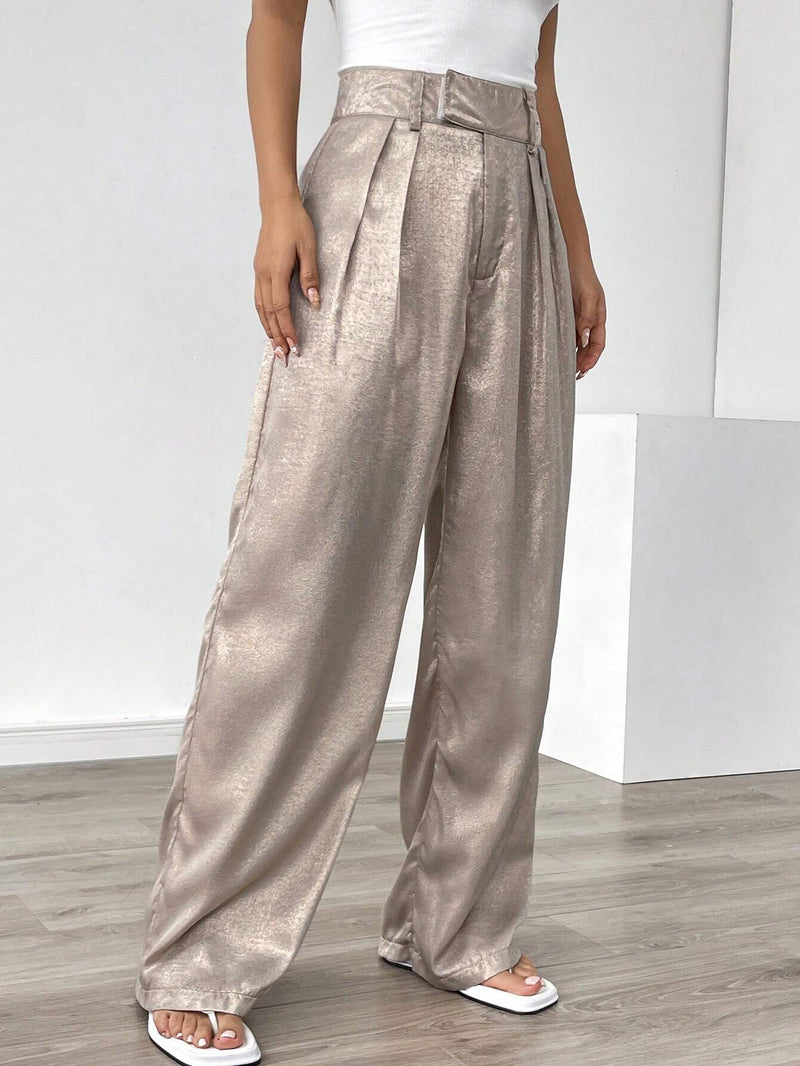 Prive Pantalones largos de moda para mujer, sueltos, rectos y de tamano grande, plegados y con unicolor metalico