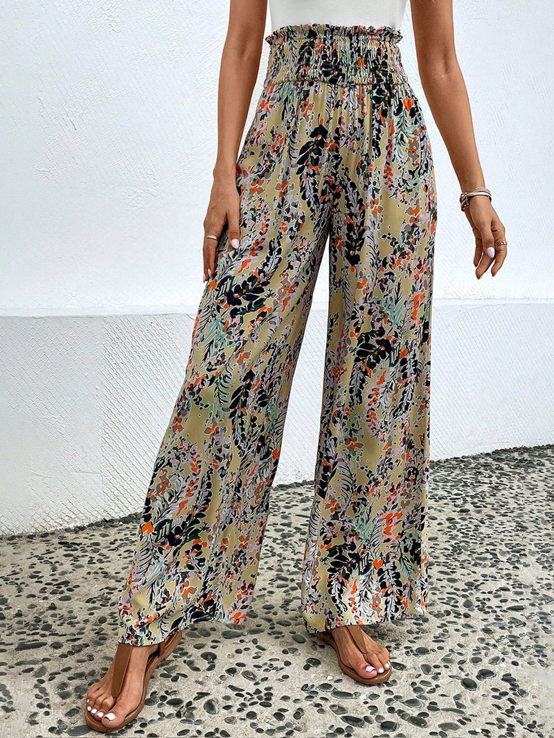 Pantalones Palazzo de pierna ancha con cintura ajustable y lazo para mujeres con estampado tropical de plantas, ideal para vacaciones en la playa