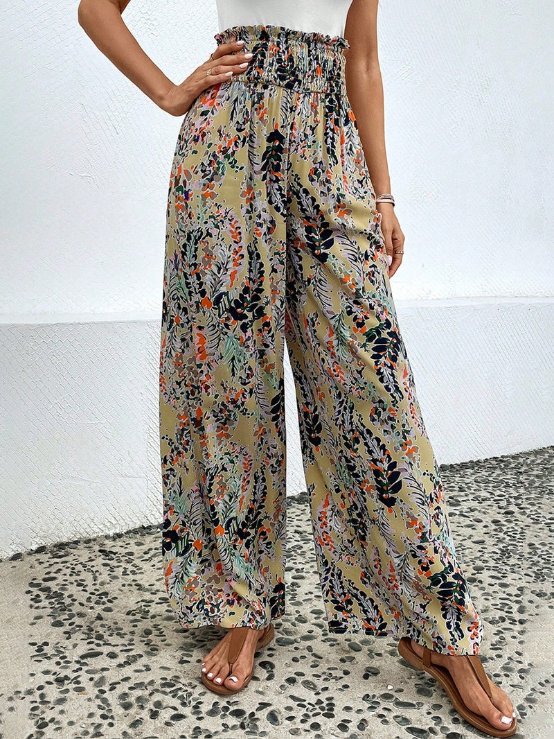 Pantalones Palazzo de pierna ancha con cintura ajustable y lazo para mujeres con estampado tropical de plantas, ideal para vacaciones en la playa