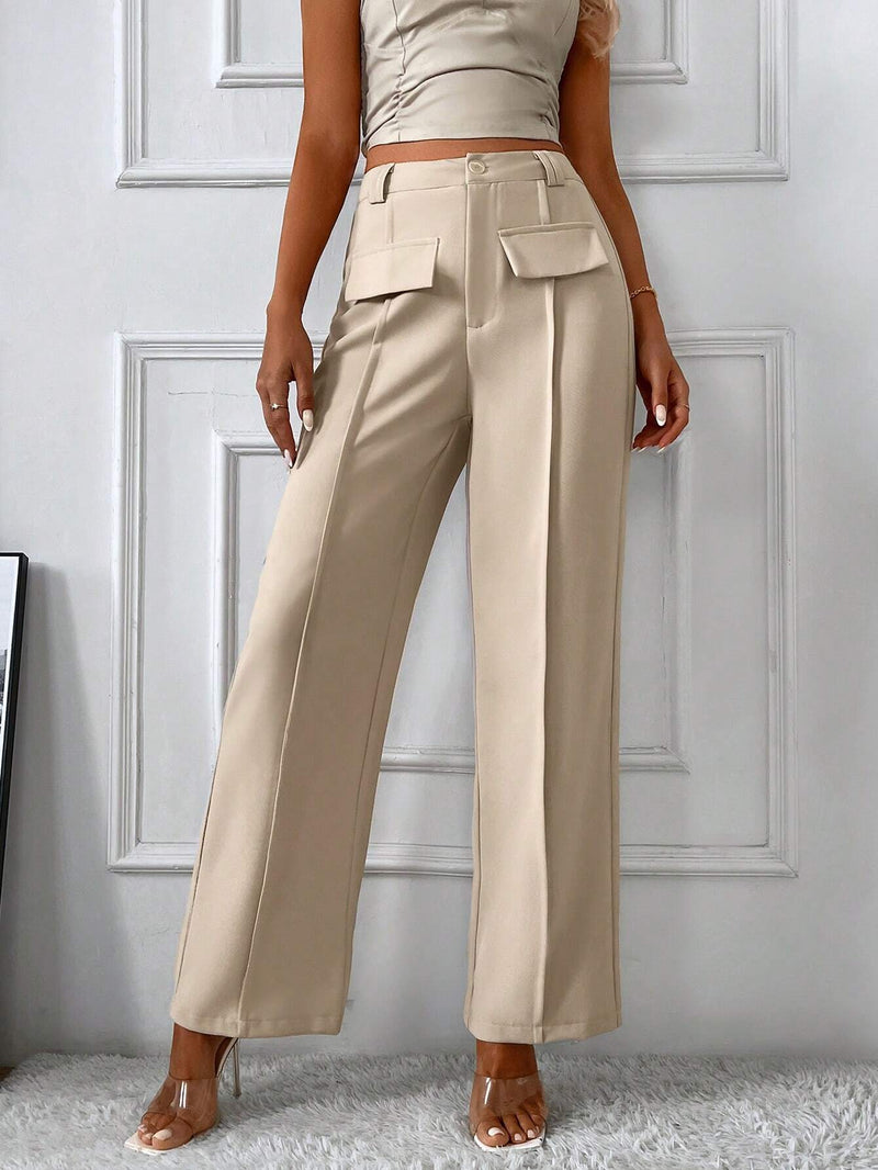 Frenchy Mujeres Pantalones anchos de pierna con detalle de solapa y color solido