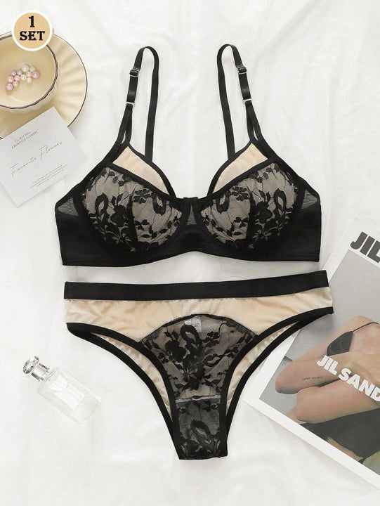 Conjunto de ropa interior de encaje negro para mujeres, Brasier ligero con soporte de aros con efecto push-up sexy y elegantes Tangas YS2450