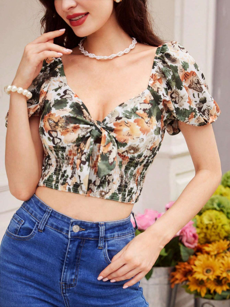 Blusa corta de manga corta verde de verano para mujeres romanticas vintage con estampado floral tie-dye