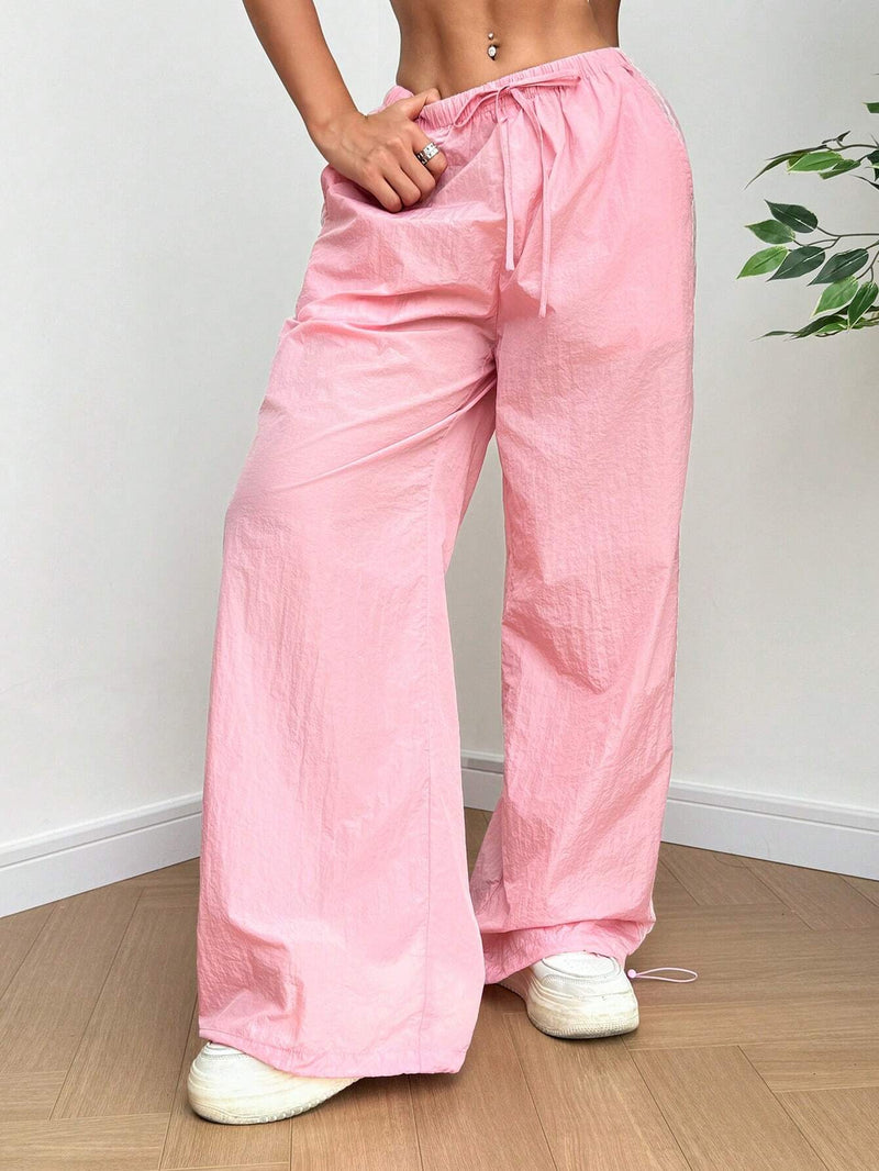 EZwear Pantalones largos de cordon con encaje floral rosa y ajuste flojo para mujeres