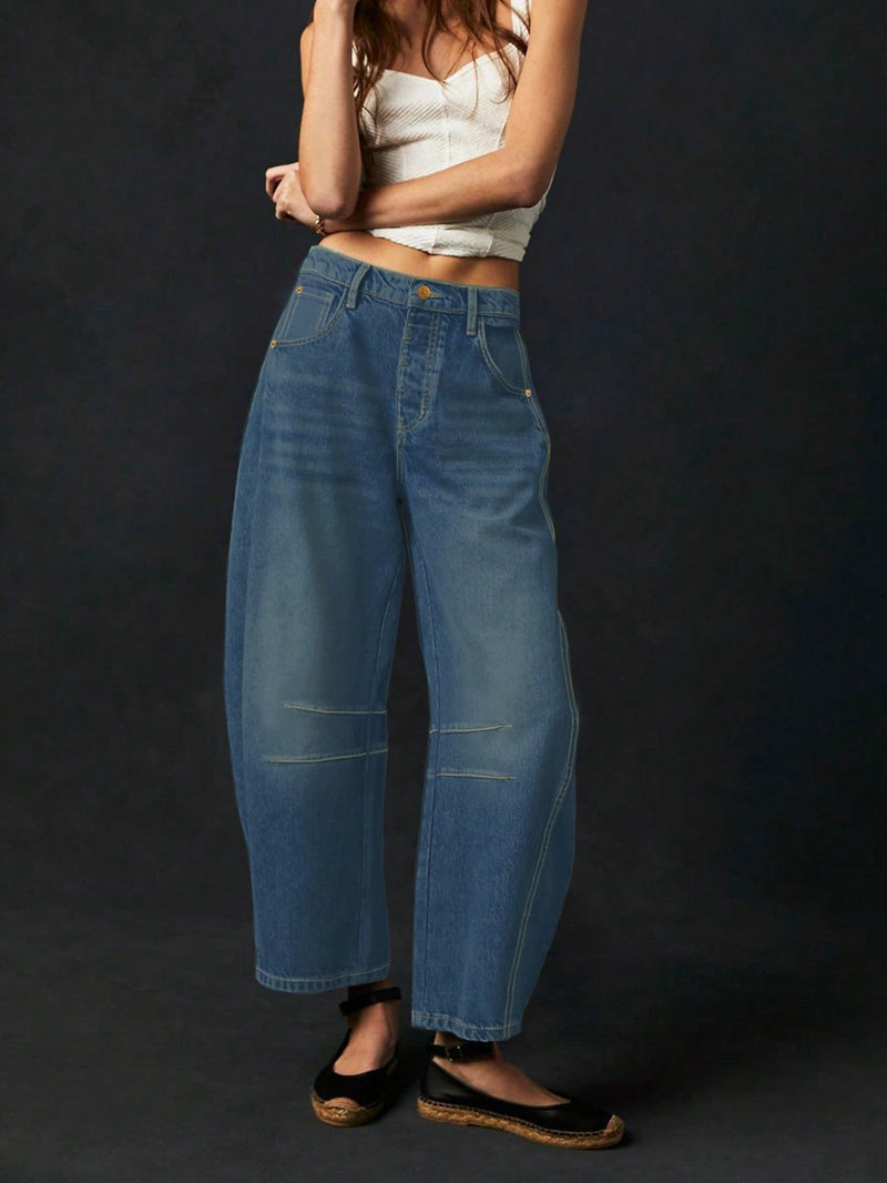 Jeans de platano cortos para mujeres al estilo estadounidense, sueltos y informales, pantalones de mezclilla azul de pierna ancha y de estilo vintage