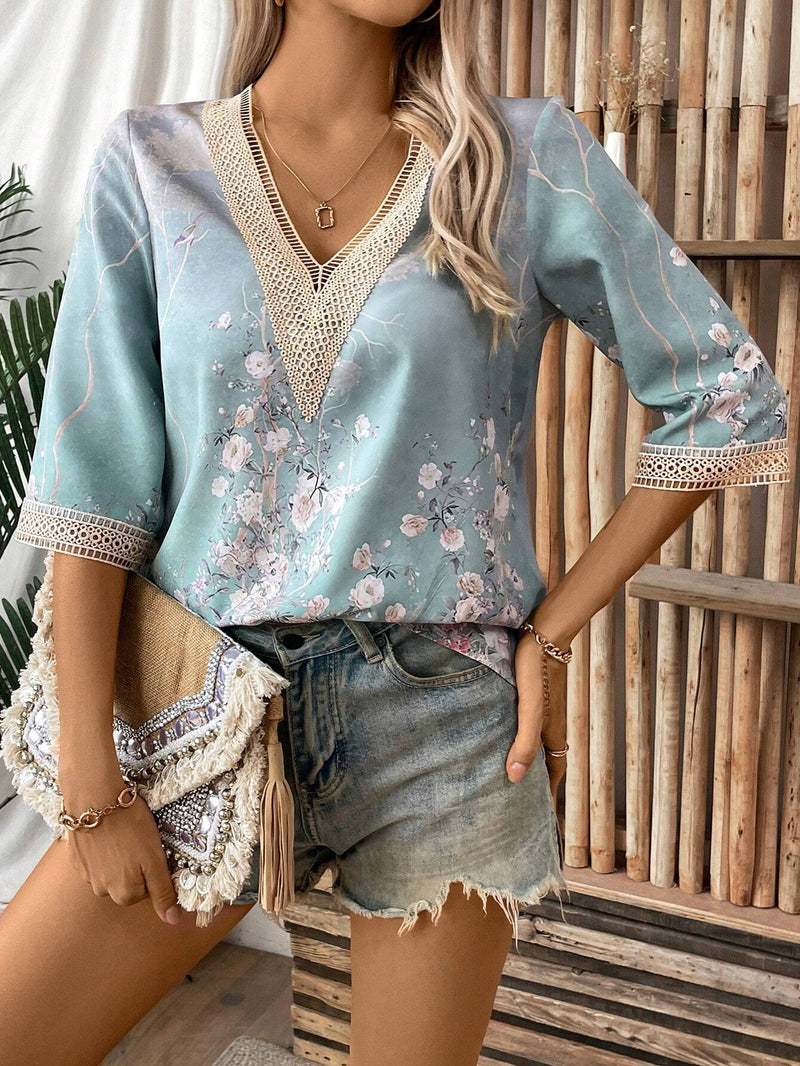 Blusa bohemia casual con botones clasicos de manga larga de primavera para mujer impresa