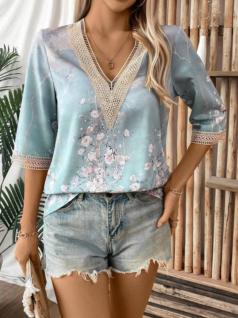 Blusa bohemia casual con botones clasicos de manga larga de primavera para mujer impresa