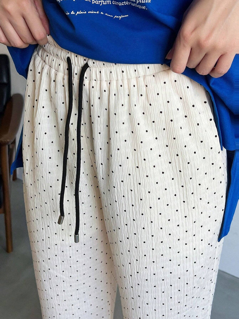 FRIFUL Pantalones anchos casuales para mujer de piernas sueltas con cintura con cordon y estampado de lunares