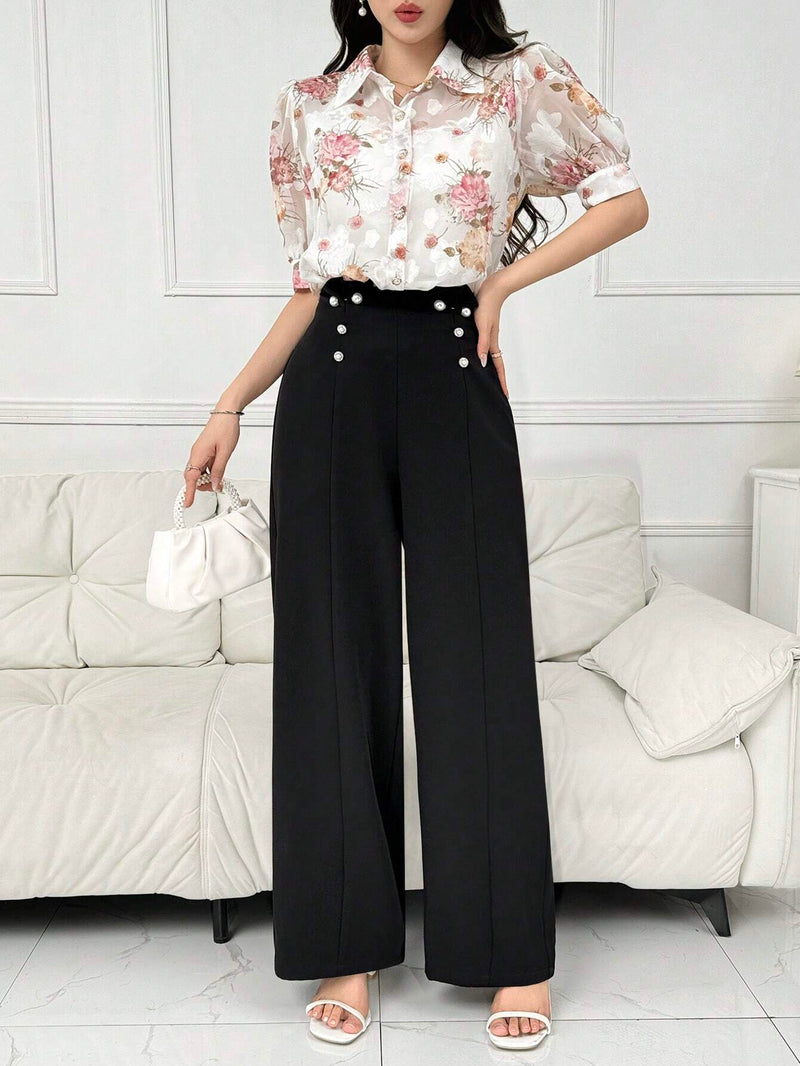 Modely Pantalones largos anchos para mujer, decorados con botones para una apariencia elegante y suelta