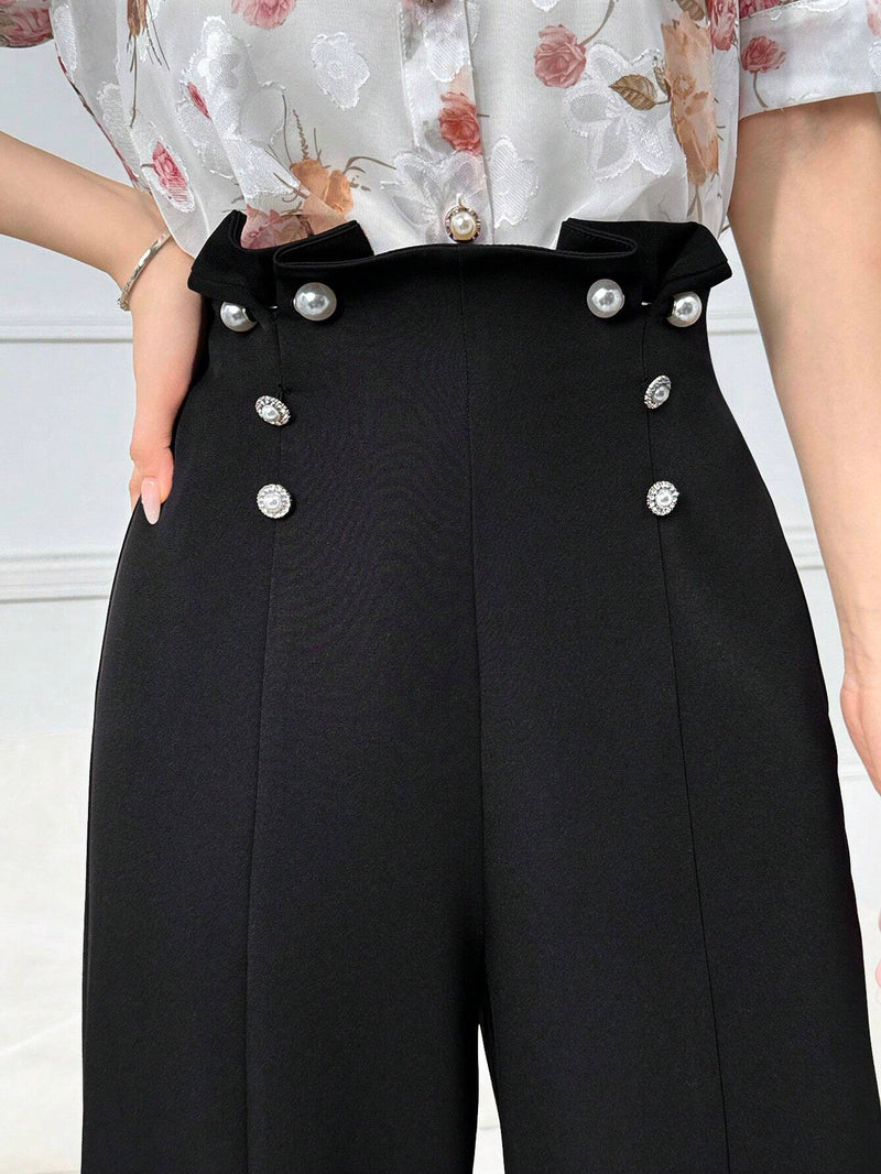 Modely Pantalones largos anchos para mujer, decorados con botones para una apariencia elegante y suelta