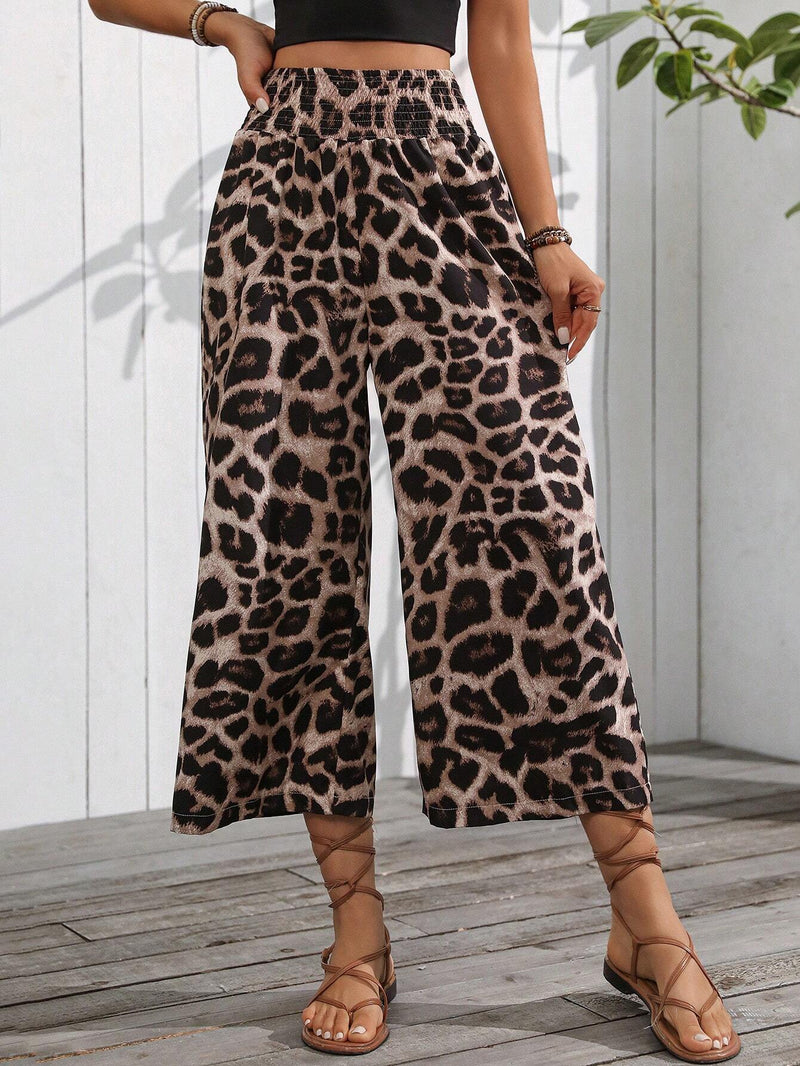 VCAY Pantalones de longitud 7/8, sueltos para mujer con diseno de leopardo y cintura elastica