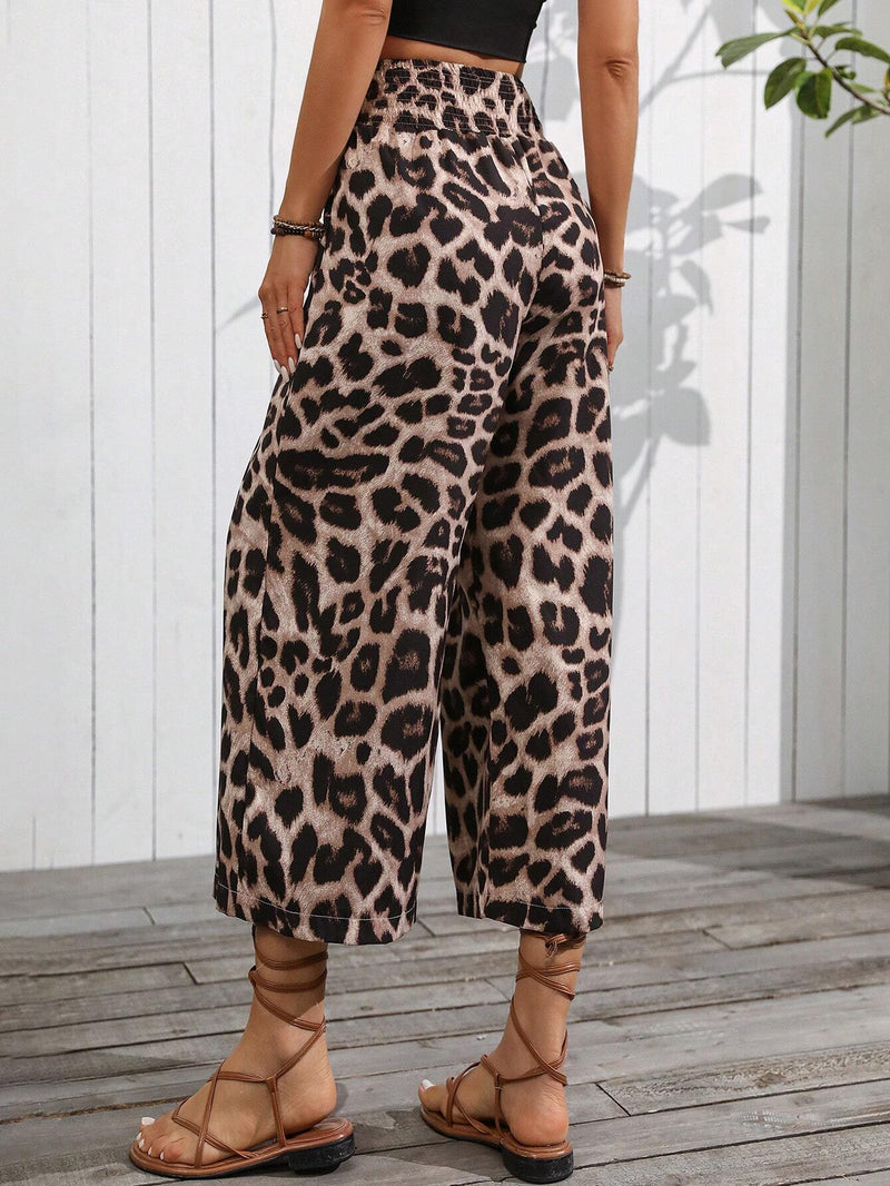 VCAY Pantalones de longitud 7/8, sueltos para mujer con diseno de leopardo y cintura elastica