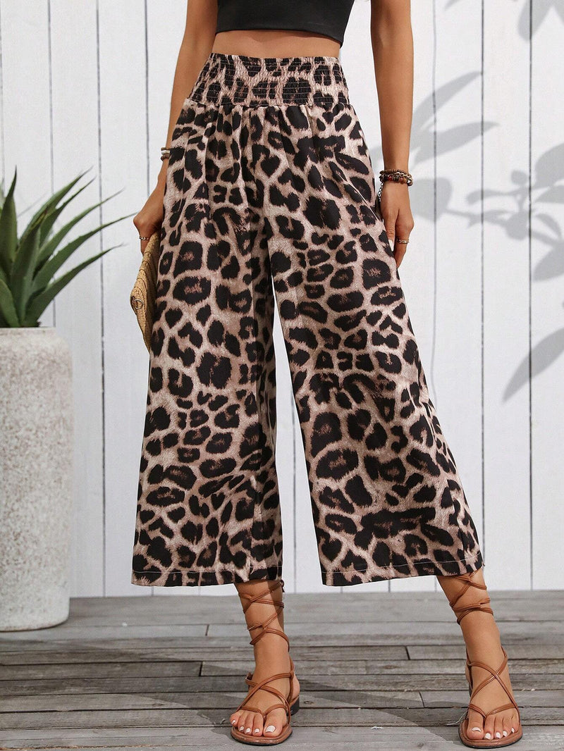 VCAY Pantalones de longitud 7/8, sueltos para mujer con diseno de leopardo y cintura elastica