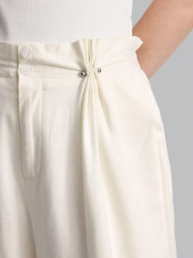 Ontre Pantalones de pierna ancha elegantes para mujeres, flojos, plisados y de cintura alta