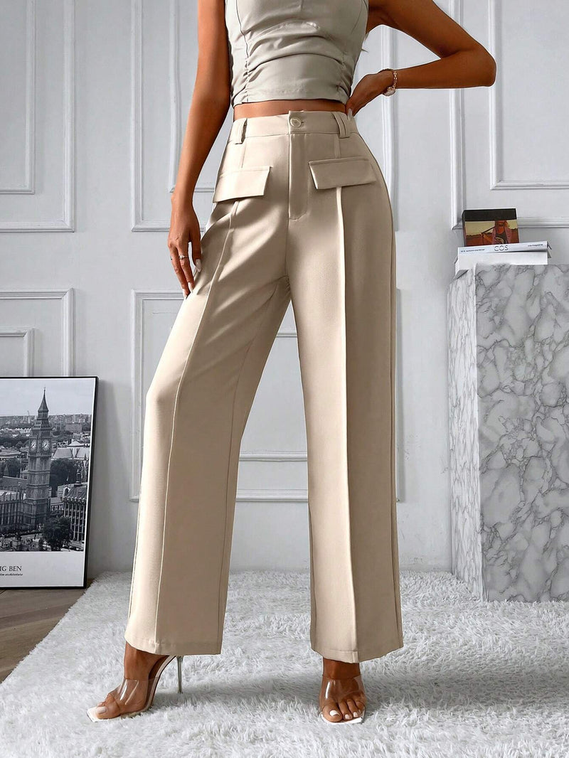 Frenchy Mujeres Pantalones anchos de pierna con detalle de solapa y color solido