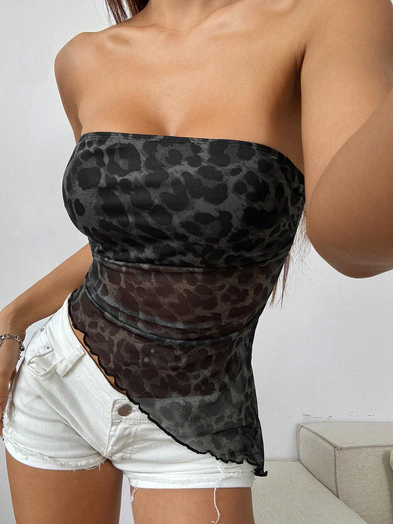 EZwear Top de tubo sin tirantes con estampado de leopardo y dobladillo asimetrico para verano