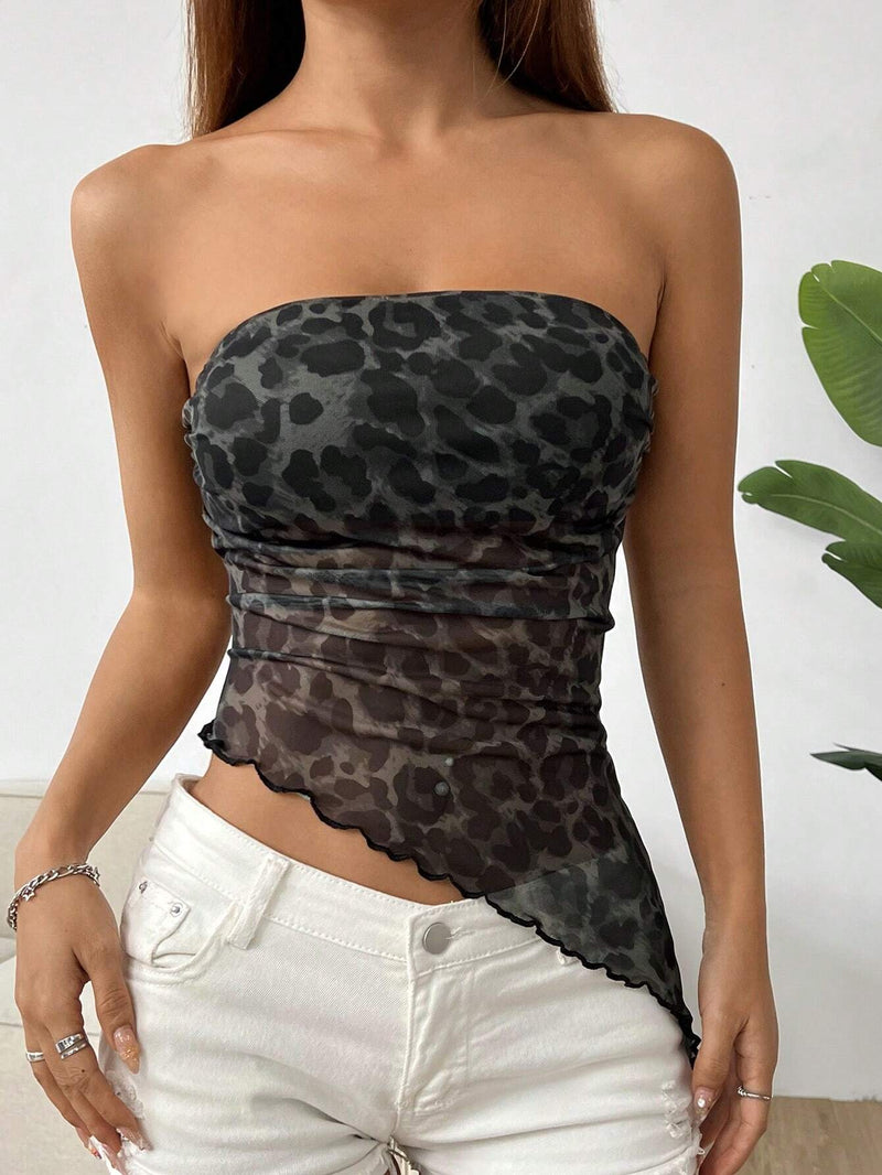 EZwear Top asimetrico sin tirantes con estampado de leopardo y bajo desigual para el verano