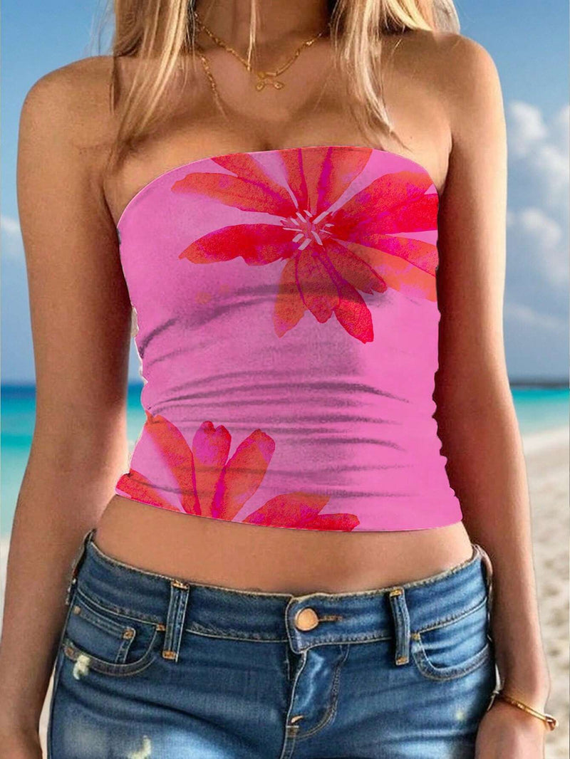 EZwear Top sin tirantes de tubo con estampado floral rosa para mujer para vacaciones de verano