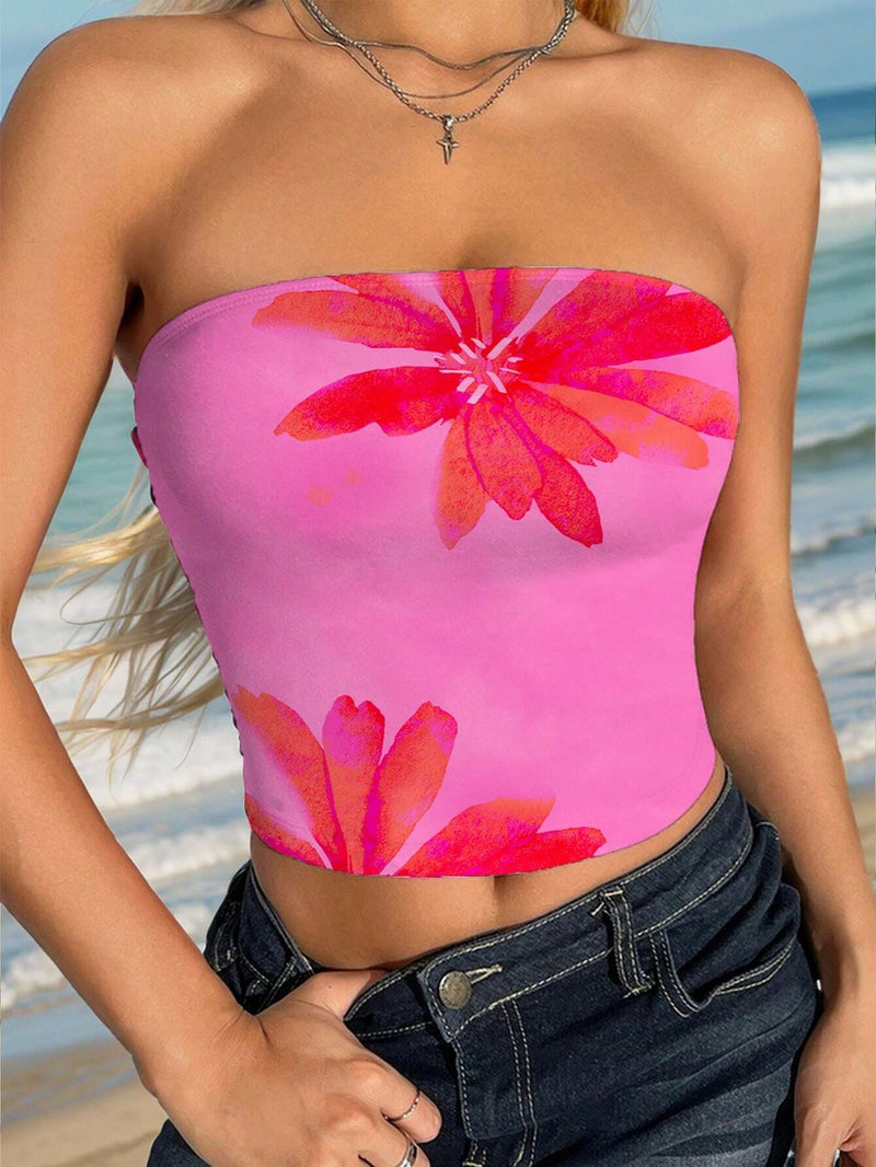 EZwear Top sin tirantes de tubo con estampado floral rosa para mujer para vacaciones de verano