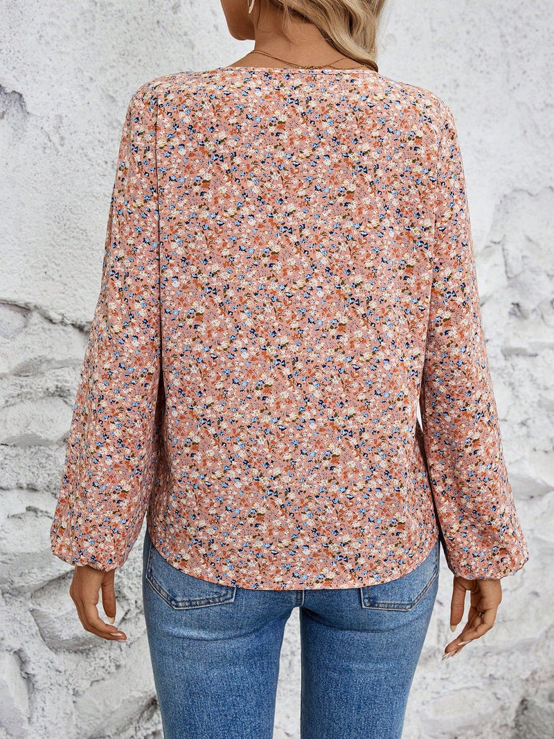 Camisa casual de manga farol para mujer con estampado de flores pequenas