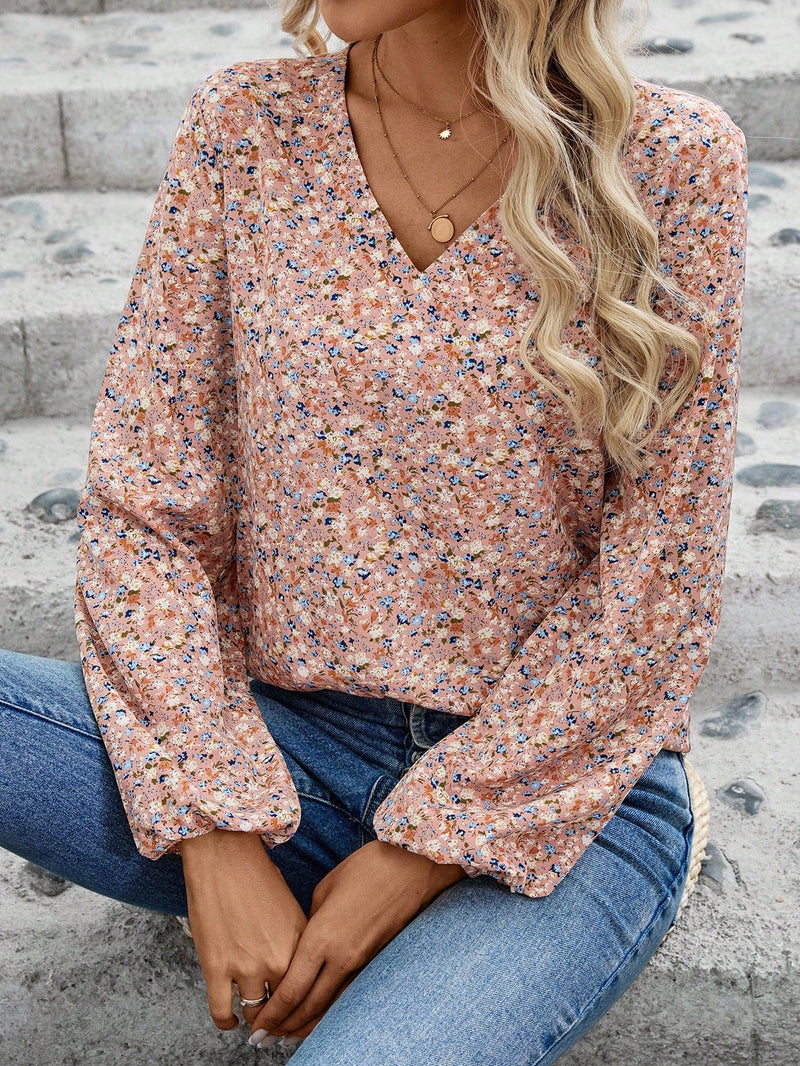 Camisa casual de manga farol para mujer con estampado de flores pequenas