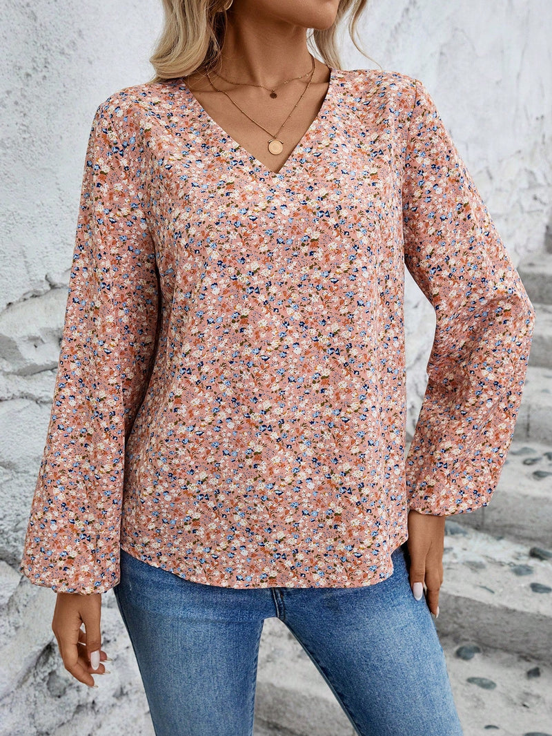 Camisa casual de manga farol para mujer con estampado de flores pequenas