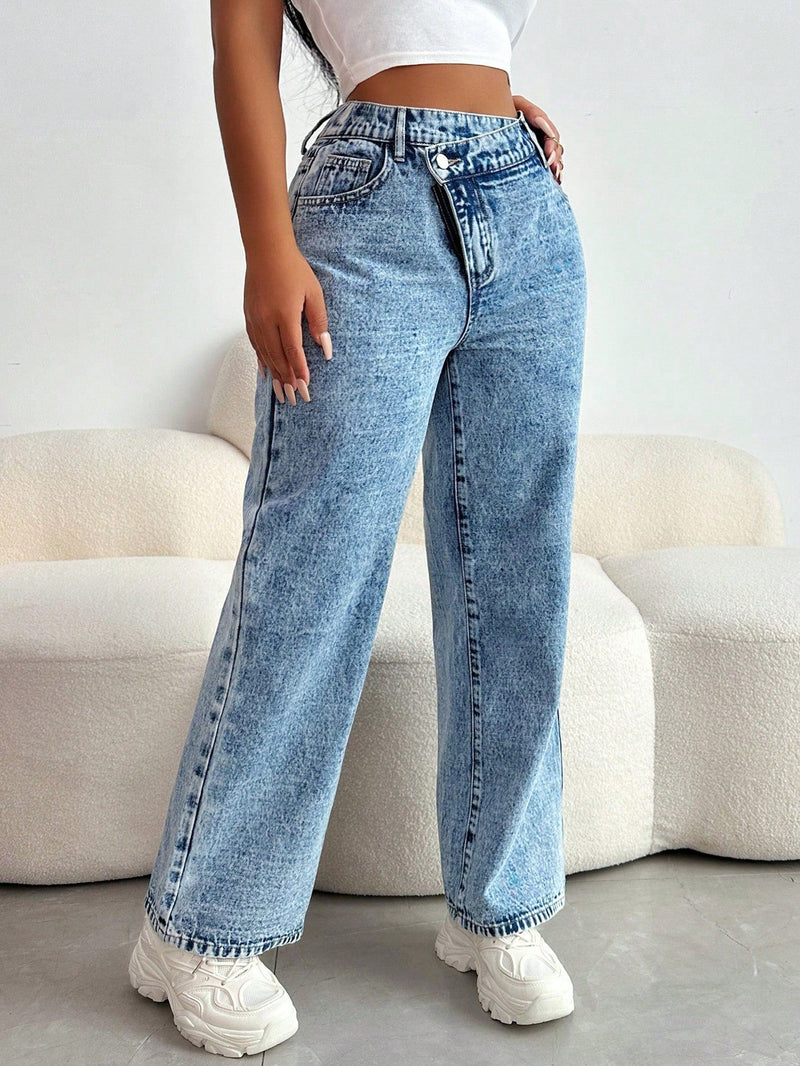 SXY Jeans de mezclilla casuales y sexis para mujer con cremallera diagonal, longitud de nueve puntos, corte recto, azul