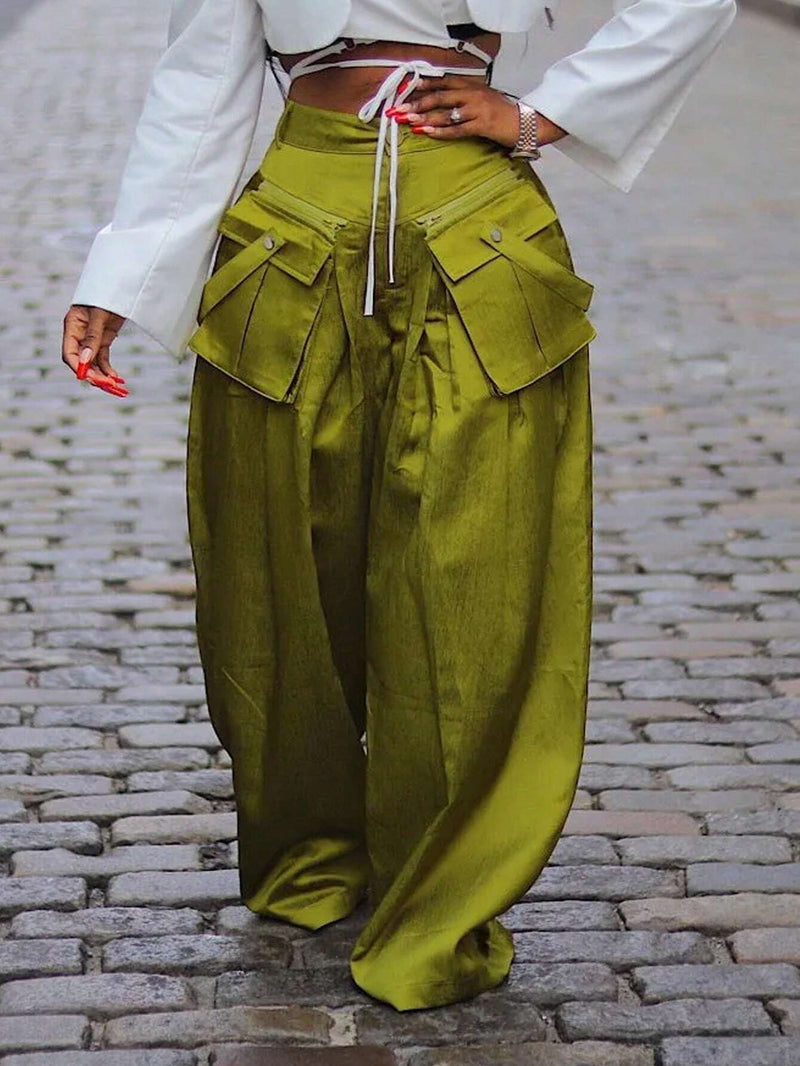 Slayr Pantalones de pierna ancha de Satin verde mostaza de talle alto con bolsillos estilo callejero para mujeres - E