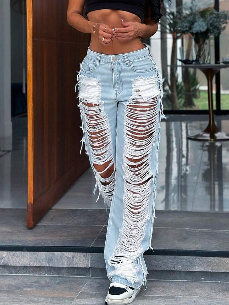 Jeans de moda personalizados estilo callejero americano para mujeres con pierna recta desgastada