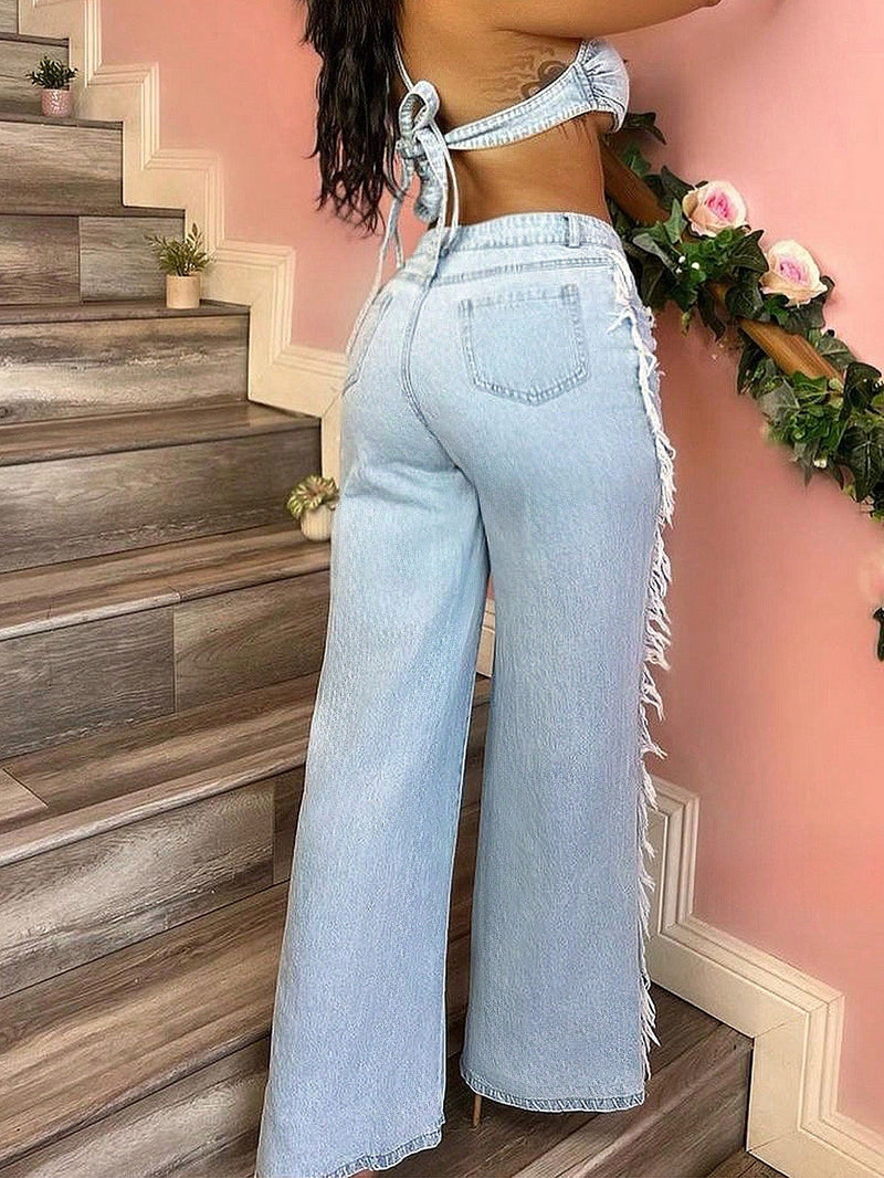 Jeans de moda personalizados estilo callejero americano para mujeres con pierna recta desgastada