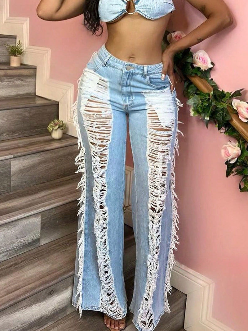 Jeans de moda personalizados estilo callejero americano para mujeres con pierna recta desgastada